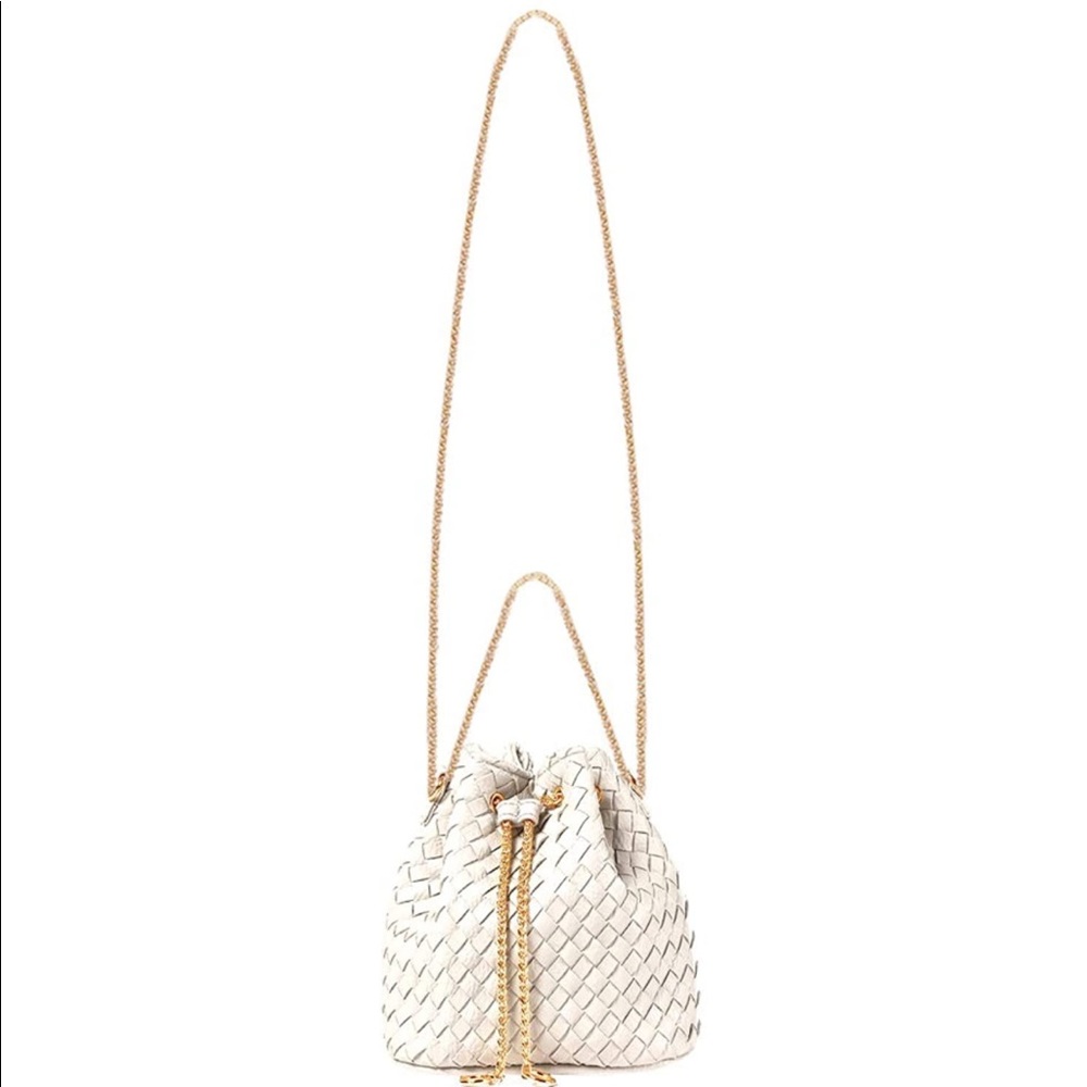 Drawstring beige bucket bag mini tote handbag chain shoulder bag crossbody bag